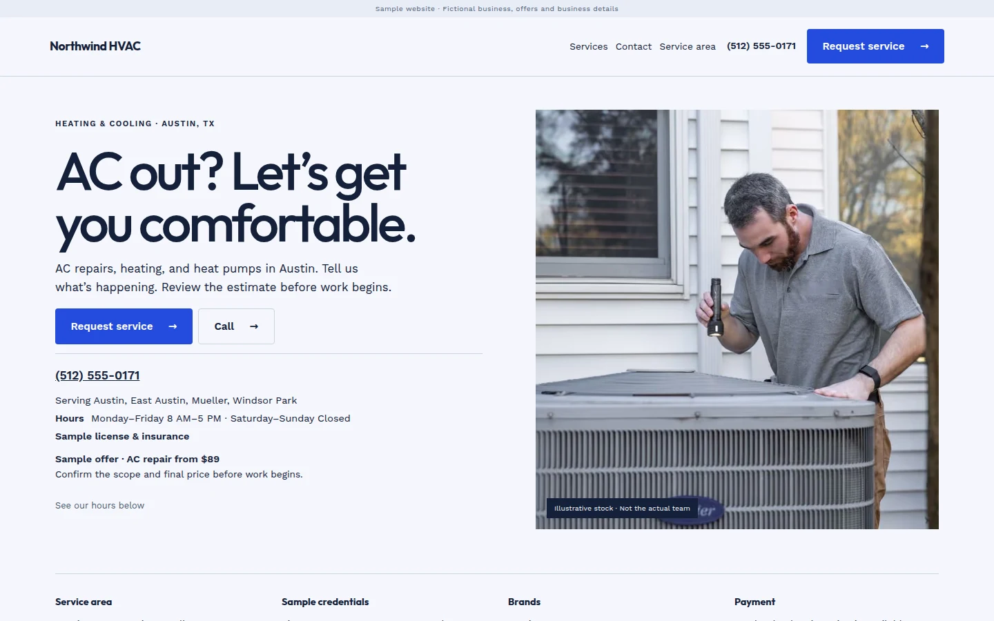 The Northwind Comfort home-service website design, a fictional example with a prominent service request, phone number and business hours.
