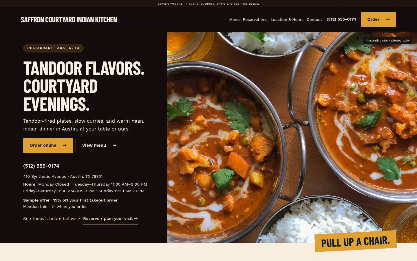 Saffron Courtyard website design — fictional restaurants example